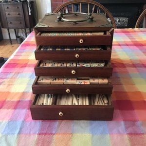 Antique Mah Jongg Set - 5 Drawers with Bone/Bamboo Tiles and Gaming Sticks